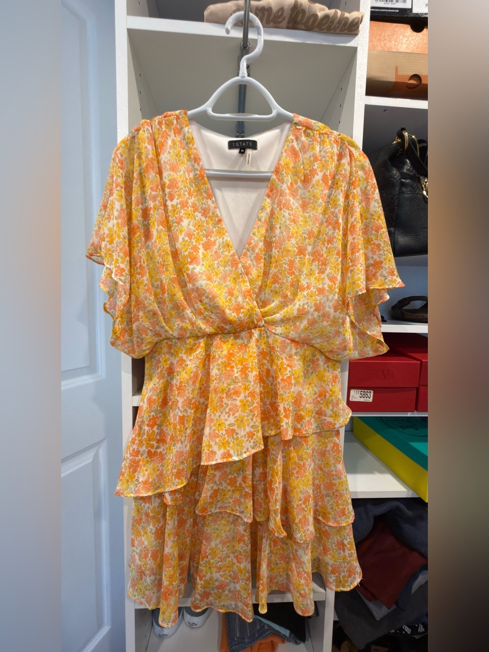1.State Orange Yellow Floral Ruffle Wrap Dress
